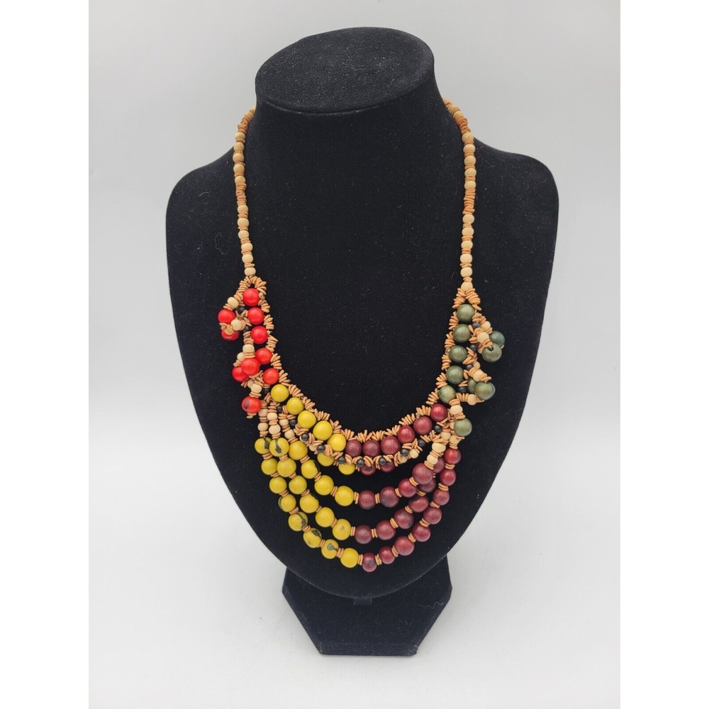 Vintage Bohemian Bib Necklace Nut Seed Beads Handmade Pink Yellow Green
